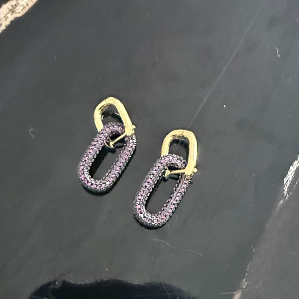 Elegant Gold and Purple Hoop Earrings CZ Detail 1 Inch Drop
